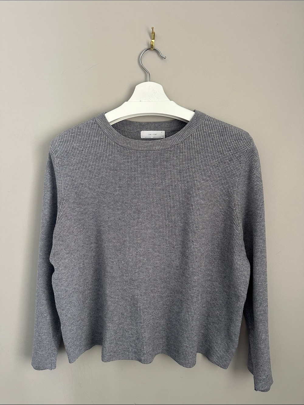 OAK + FORT Grey Cropped Waffle Crewneck Sweater